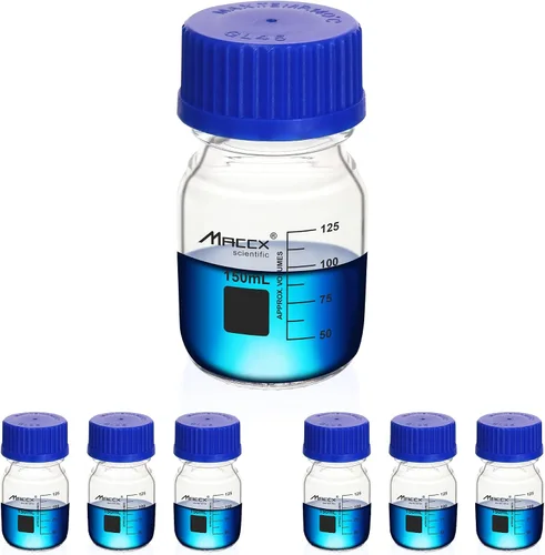 Vista 15 de Botellas redondas de vidrio de 34 onzas (33.8 fl oz), botella de vidrio de borosilicato resistente con tapa de rosca GL45, paquete de 2