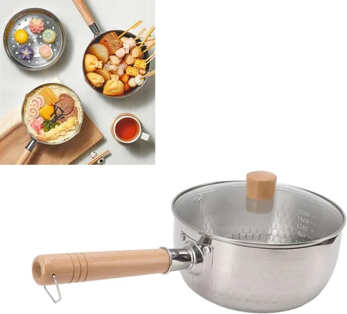 Vista 6 de Cacerola japonesa tradicional japonesa antiadherente de 7.9 in de diámetro con tapa, mango de madera, olla de sopa de leche de acero inoxidable