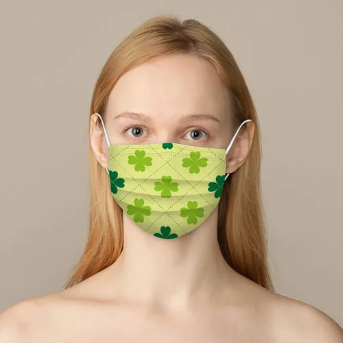 Vista 3 de Mascarillas desechables para el día de San Patricio para adultos, diseño de tréboles verdes irlandeses, decoración de la cara, 3 capas, no tejidas