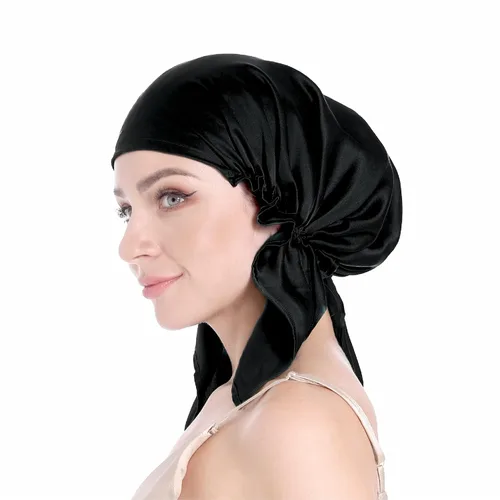 Vista 8 de SissiLita Gorro de seda 100% para dormir, gorro de seda grande con banda de amarre para el cuidado del cabello rizado (azul)