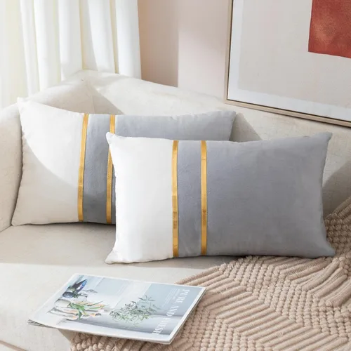 Vista 27 de ZLINA Juego de 2 fundas de almohada decorativas de terciopelo verde aguamarina y blanco con parches y cuero dorado de 16 × 16 pulgadas, fundas