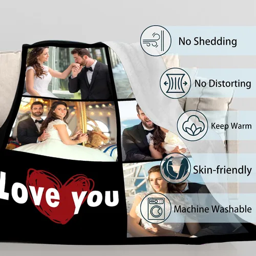 Vista 2 de Manta personalizada con foto, fabricada en Estados Unidos, 5 fotos, mantas personalizadas con imágenes propias para papá, mamá, familia, niños