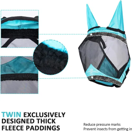 Vista 87 de Harrison Howard Máscara de mosca de caballo luminosa profesional estándar con orejas protección UV para caballo, azul y plateado, pequeño poni Azul
