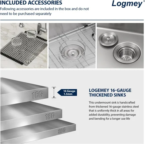 Vista 4 de Logmey - Fregadero de barra de acero inoxidable de 13 pulgadas, fregadero de cocina empotrado para barra de calibre 16, cuenco individual de 9