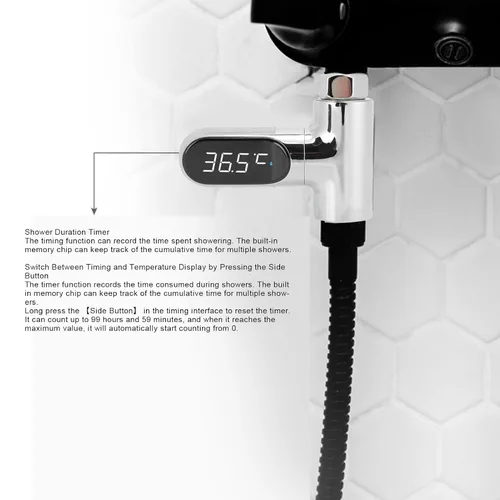 Vista 5 de Termómetro de ducha, pantalla digital LED de lectura instantánea, sensor de temperatura del agua con energía hidroeléctrica, diseño de ajuste