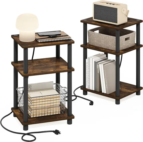 Vista 19 de Furinno Claude Mesa Auxiliar, Mesa Lateral de Mediados de Siglo con Estación de Carga, Mesita de Noche con Patas de Madera, Mesa de Cabecera