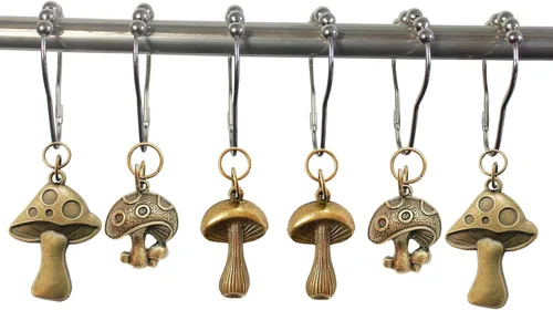 Vista 5 de Ganchos de cortina de ducha con forma de hongo, 12 piezas de metal resistente a la oxidación, lindos ganchos de cortina de ducha retro