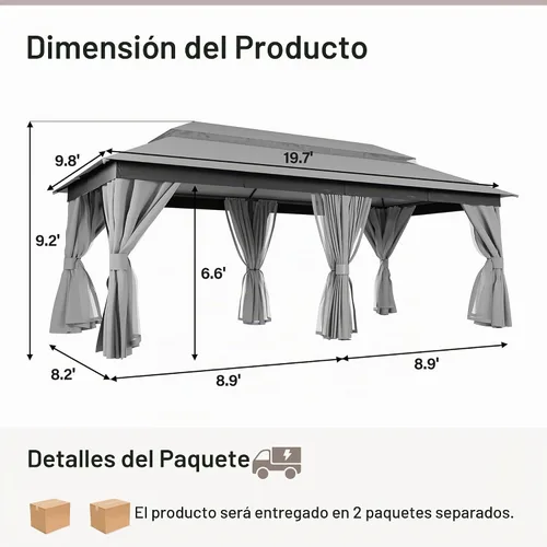 Vista 2 de LAUSAINT HOME Toldo de glorieta de 10 x 20 pulgadas con red, cortinas y Caqui