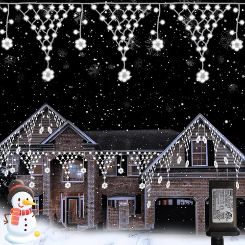 Vista 10 de DBFAIRY Red de luces de Navidad para exteriores, 207 luces LED de red de 13.1 pies de largo x 1.9 pies de alto, con 12 copos de nieve colgantes Copo