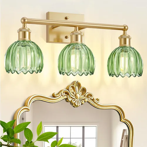 Vista 17 de Lámparas de baño vintage, 2 luces rústicas de tocador para baño, pasillo, luces de tocador de latón de 16.5 pulgadas, lámparas de tulipán