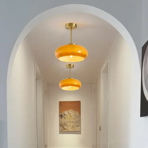Vista 5 de Lámpara de techo semiempotrada de cristal, moderna cerca del techo, pantalla de cristal de cúpula naranja de 11 pulgadas, lámpara de techo dorada