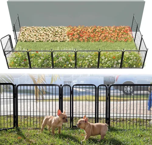 Vista 83 de FXW Valla de jardín al aire libre para el patio, 17 pulgadas de alto x 29.3 pies de largo, barrera de metal resistente para animales, para perros