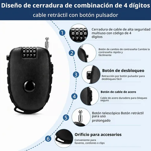 Vista 3 de JAGASOL Candado para casco de motocicleta, combinación de 4 dígitos, bloqueo de cable retráctil de 27.5 pulgadas para tabla de snowboard, bicicleta