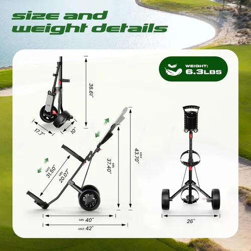Vista 7 de Carrito de golf ajustable de 2 ruedas – Carrito de golf junior para edades de 3 a adultos, soporte superior ajustable y altura de mango
