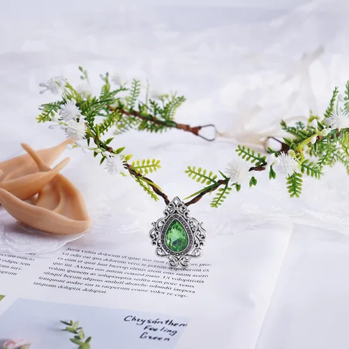 Vista 6 de MOSTORY Orejas de elfo con corona de hada del bosque, disfraces de cosplay, diadema de flores blancas y 2 pares de orejas de pixie suaves