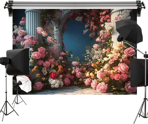 Vista 6 de Kate Telón de fondo de fotos con arco de columna romana, decoración real, boda, recepción, fiesta de cumpleaños, tela impresa sin costuras, 6.5 x
