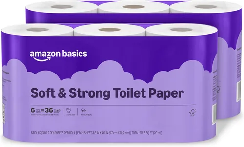 Vista 8 de Amazon Basics - Papel higiénico suave y resistente de 2 capas, 6 mega rollos = 24 rollos regulares, sin perfume, 340 hojas (6 rollos)