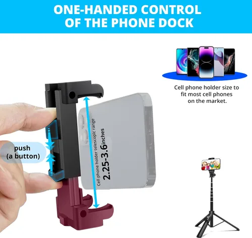 Vista 6 de BZE Trípode extensible para selfie de 62 pulgadas con control remoto inalámbrico y soporte para teléfono, soporte portátil de aleación de aluminio 3