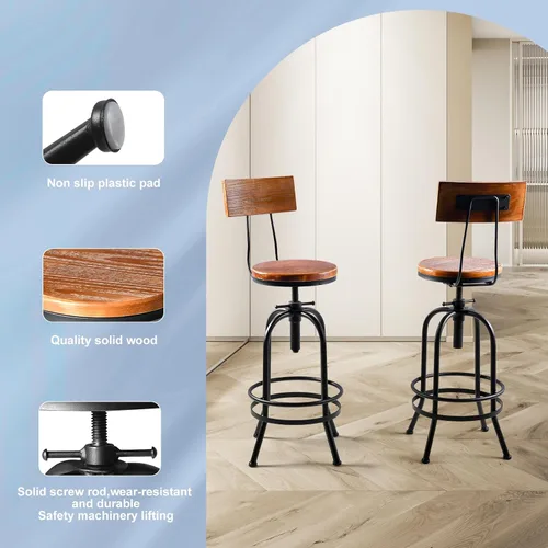 Vista 9 de LOKKHAN Taburete de bar industrial, de 26 a 32 pulgadas, ajustable, giratorio, de madera, metal, taburete de cocina rústico de granja, altura