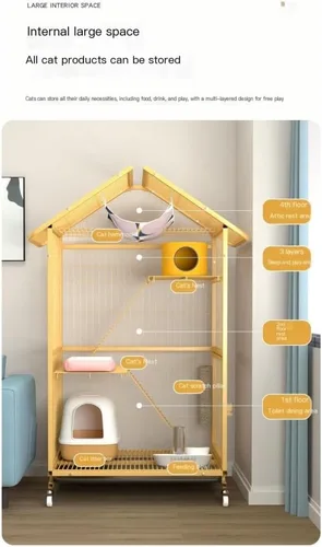 Vista 9 de Casa de lujo para gatos, jaula para gatos, espacio libre, jaula para gatos, casa de tres pisos, casa para gatos, gabinete de gato, nido de gato