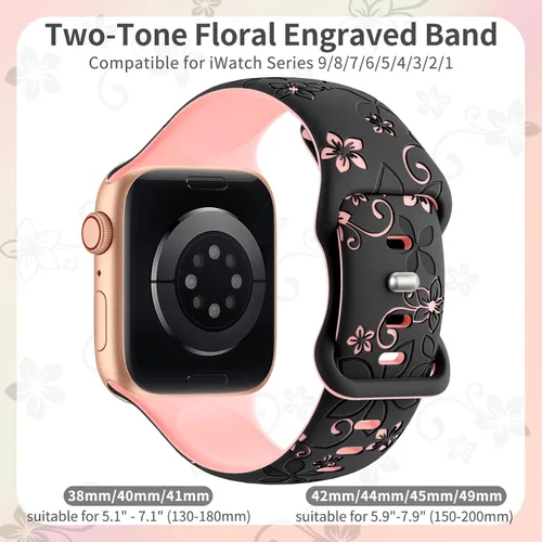Vista 2 de Bandas con grabado floral compatibles con Apple Watch de 41mm 40mm 44mm 45mm 42mm 38mm 46mm 49mm para mujeres, correa deportiva de silicona suave