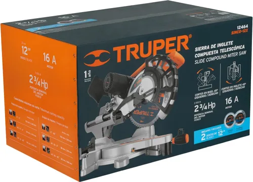 Vista 12 de TRUPER SINCO-12X Sierra ingletadora compuesta de doble bisel de 12 pulgadas con línea láser, 2 3/4 HP (hoja de sierra de madera incluida)