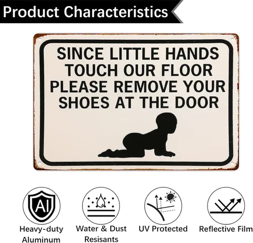 Vista 3 de Cartel de metal retro con texto en inglés «Please Remove Your Shoes» para garaje, hombre, cueva, baño, dormitorio, granja, inspirador, arte de pared