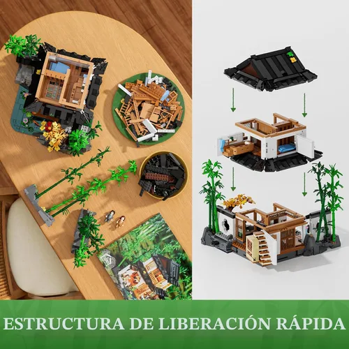 Vista 3 de Lumibricks Set de construcción de casa de bambú con iluminación - Colección de cabaña china retro y casa en el árbol con luz LED, 2432 piezas