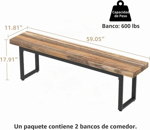 Vista 3 de STHOUYN Par de 2 bancos de comedor de 59 pulgadas para 6-8 personas, bancos de mesa de cocina de interior de granja, banco de cama, banco industrial