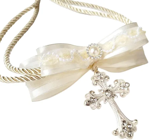 Vista 2 de Cordón de unidad de boda de marfil con cruz de plata para bodas católicas filipinas o hispanas