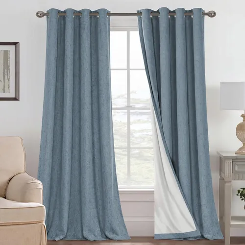 Vista 112 de H.VERSAILTEX Cortinas 100% opacas con aislamiento térmico, texturizadas, de lino, con bloqueo completo de calor y luz, para sala de estar y Negro