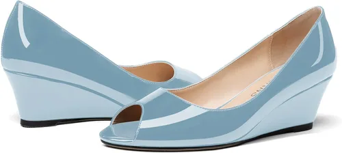 Vista 6 de WAYDERNS Zapatos de tacón bajo con cuña de charol y puntera abierta para mujer de 2 pulgadas
