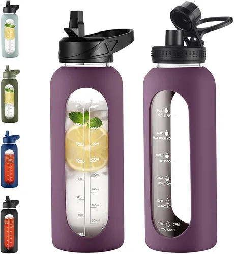Vista 26 de EALGRO Botella de agua de vidrio de 32 onzas con popote y asa, frasco de agua motivacional deportivo con funda de silicona, taza grande a prueba