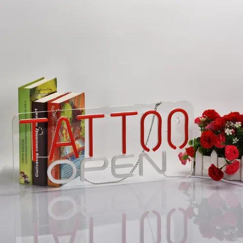 Vista 4 de TATTOO OPEN - Letrero de neón para decoración de pared con interruptor regulable, luz LED de neón para negocios Blanco y rojo