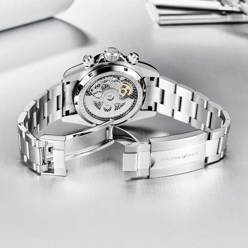 Vista 5 de Pagani Design Relojes mecánicos automáticos de lujo para hombre, esfera de esqueleto, acero inoxidable, bisel de arco iris, correa de goma, 328.1