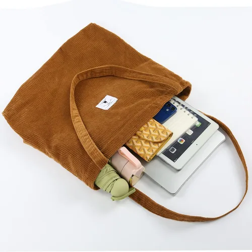Vista 6 de YINUO Bolso de mano de pana para mujer, bolsos casuales de gran capacidad, bolsa de compras con 2 bolsillos