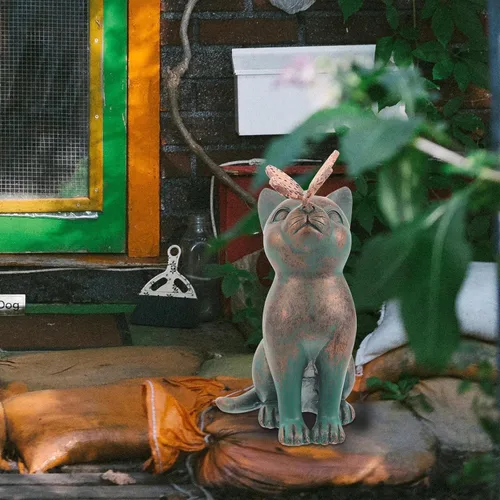 Vista 2 de SOLUSTRE Figuras en miniatura Estatua de gato de jardín, mariposa pegada en la nariz de gato, escultura conmemorativa de gato, figura conmemorativa