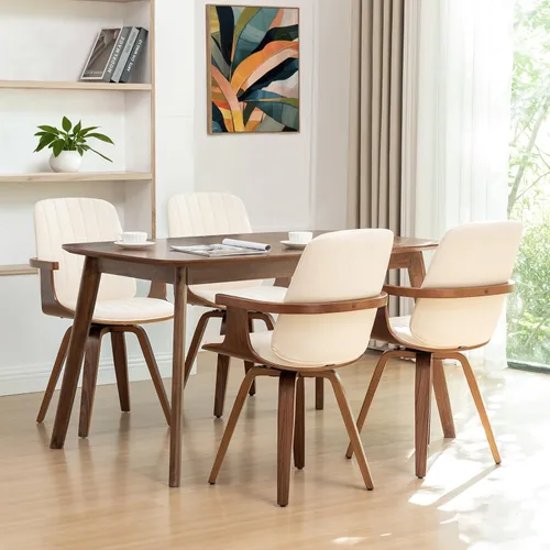 Vista 11 de WUPOTO Juego de 1 silla de comedor giratoria, silla de comedor moderna de mediados de siglo con artesanía de nogal, piel sintética tapizada, brazos