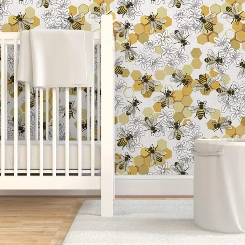 Vista 6 de Spoonflower Muestro de papel tapiz extraíble - Abejas de miel Especies en peligro de extinción Animales Flores de abeja Panal Insectos blancos Papel