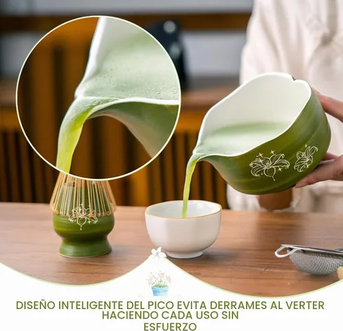 Vista 8 de Buucup Juego de matcha, 5 piezas de aguacate verde matcha con cuenco en forma de corazón con boquilla, batidor de bambú, cuchara, tamiz y soporte