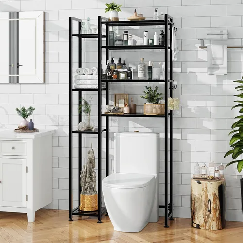 Vista 2 de Simple Trending Almacenamiento de 8 niveles sobre el inodoro con estante lateral, organizador de baño, estantes de metal para toallas, color negro