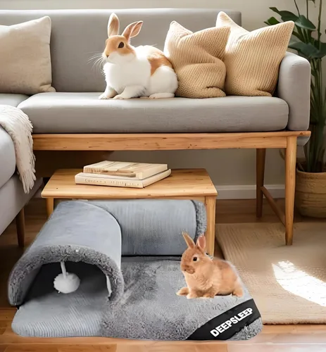 Vista 5 de Cama túnel de conejo con alfombrilla de felpa extraíble, escondite suave y tubo de juego para conejitos, conejillos de indias, chinchillas, gatos