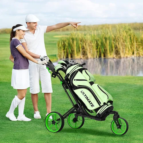 Vista 2 de Tangkula Carrito de golf con rueda delantera giratoria de 360°, carrito de golf plegable de aluminio de 3 ruedas, carrito de golf con correa