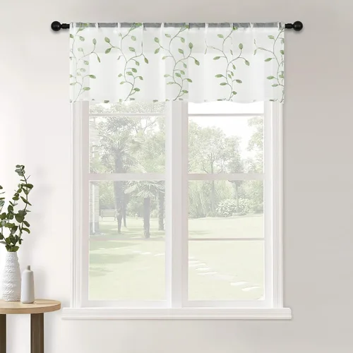 Vista 18 de MRTREES Cenefa de cortina transparente de Navidad, 2 paneles de cortinas bordadas con hojas pequeñas de 54 x 16 pulgadas, bolsillo para barra