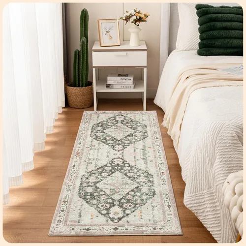 Vista 356 de Istana Alfombra larga antideslizante de 2.5 x 8 para el hogar, para pasillo y cocina, lavable, sedosa y suave al tacto, elegante, color azul y marfil