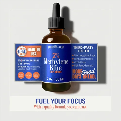 Vista 3 de PureGood Azul de metileno 2% líquido – 10 mg por porción de 0.0 fl oz – 2.0 fl oz (2.03 fl oz) – Aproximadamente 120 porciones – Probado por