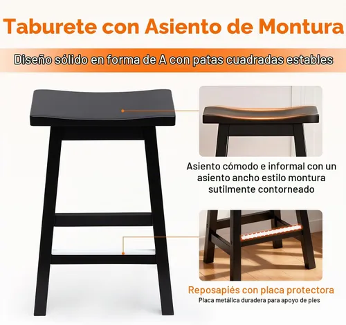 Vista 7 de Juego de 2 Taburetes de Bar PayLessHere, Taburetes de Silla de Montar de Madera de 24 Pulgadas de Altura, Sillas de Bar con Reposapiés