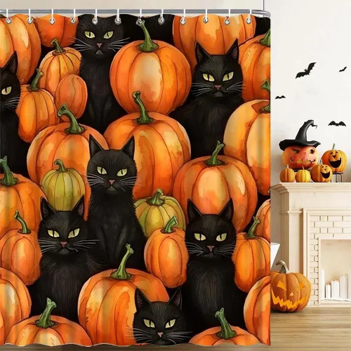 Vista 5 de Cortina de ducha de Halloween, gato negro en la calabaza, otoño, día de Acción de Gracias, cosecha, granja, decoración de baño, cortinas de 47 x 63