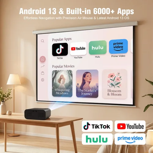 Vista 3 de Proyector, Proyector inteligente con WiFi y Bluetooth, Aplicaciones integradas, Enfoque automático y Keystone, Soporte nativo 1080P, Proyector mini