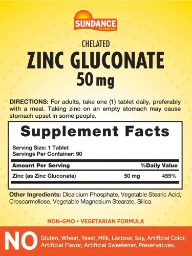 Vista 2 de Gluconato de zinc de 50 mg 90 tabletas Mineral esencial quelado Suplemento vegetariano, sin OMG y sin gluten por Sundance